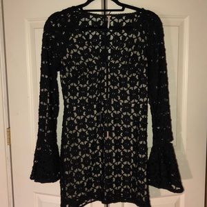 Free People Lace Bell Sleeve mini dress- Black/Tan